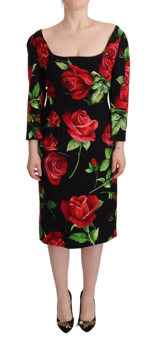 Vestido de Seda Elástica Negro con Rosas Rojas de Dolce & Gabbana para Mujer - Image 1