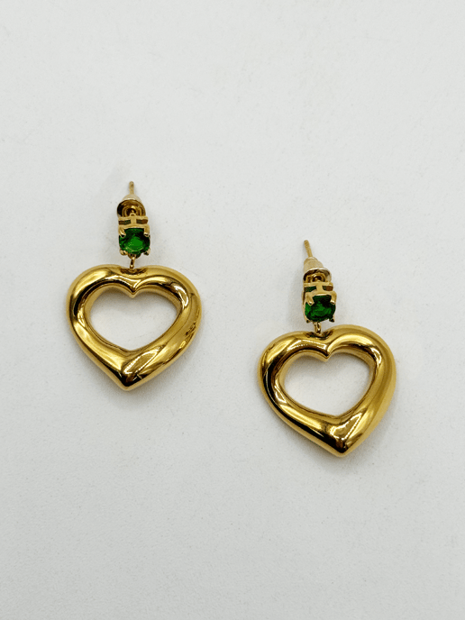 Heart Drop Earrings in Gold with Green Stone - Image 3