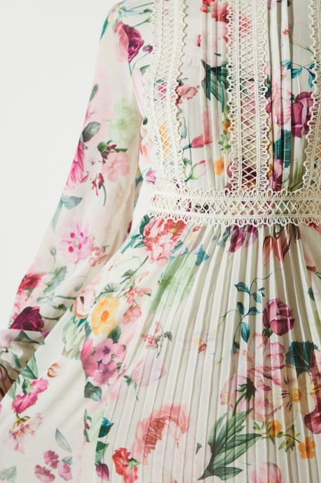 Pleated Lace Trim Midi Dress