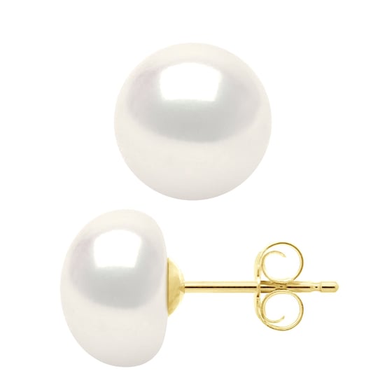 Earrings Yellow Gold - Real Cultured Freshwater Pearls Button 9-10 mm