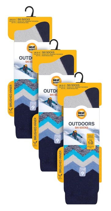 3 Pair Multipack Ultra Lite Mens Ski Socks | Heat Holders | Funky Patterned Striped Knee High Socks - Grey Zig Zag - Image 2