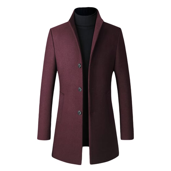 Men's Wool Long Slim Fit Stand-Up Collar Business Coat for Winter Red