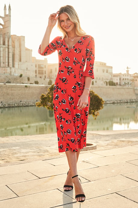 Red & Black Floral Print Jersey Midi Dress
