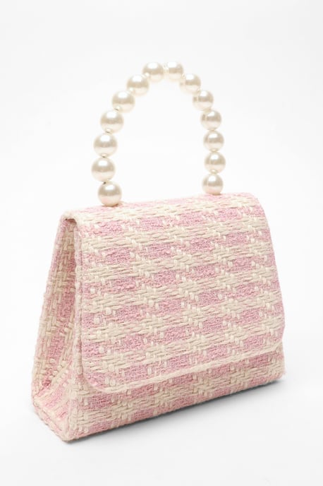 Pink Check Print Boucle Pearl Handle Bag