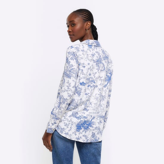 River Island Womens Shirt Blue Floral Long Sleeve