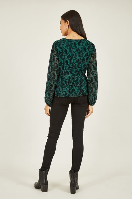 Green Velour Printed Long Sleeve Wrap Top