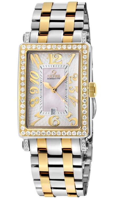 Gevril Ave of Americas Mini Women's Swiss Quartz Two toned IPYG Stainless Steel Diamond Case, White MOP Dial Watch
