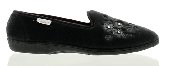 Womens Velour Upper Full Slipper With Soft Satin Lining Emroidered Flower Detail To The Vamp Textile