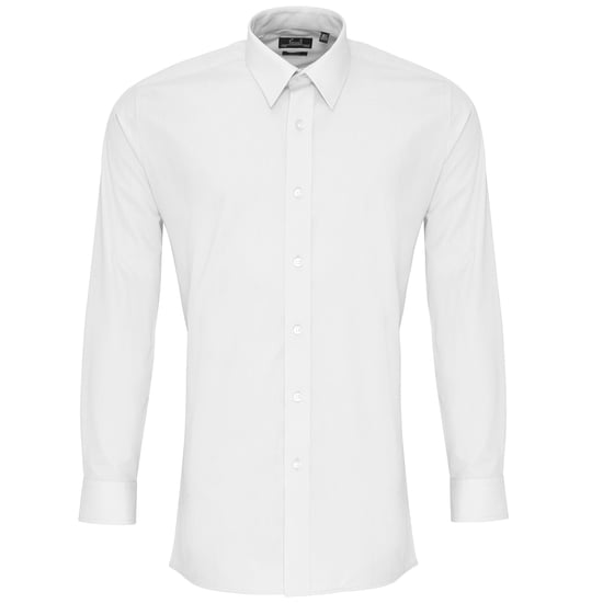 Premier Mens Long Sleeve Fitted Poplin Work Shirt (White) - Image 1