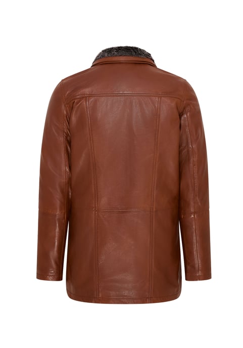 Mens Tan Mid-Length Warm Leather Trench Coat - Varkaus