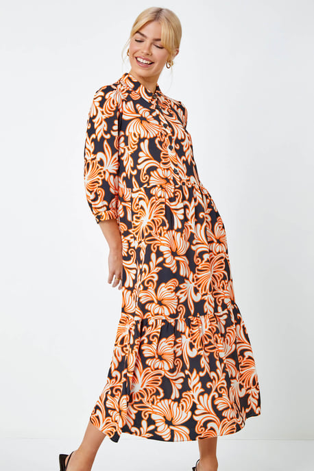 Floral Print Tiered Midi Shirt Dress
