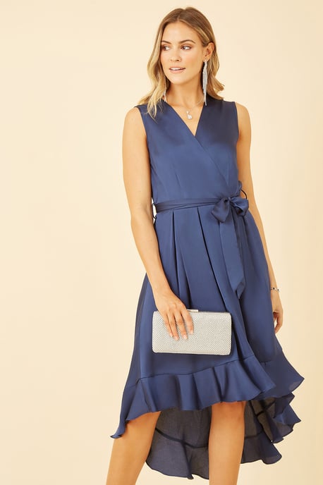 Mela Navy Satin Dipped Hem Wrap Over Midi Dress