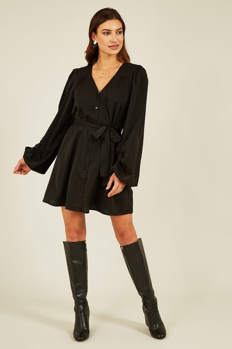 Black Balloon Sleeve Shirt Dress