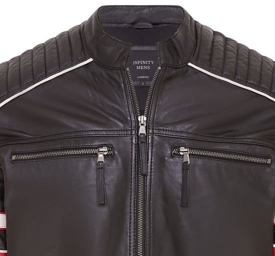 Mens Black Quilted Leather Biker Racing Jacket- Brevik
