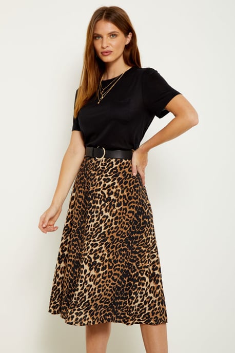 Leopard Print A Line Midi Skirt