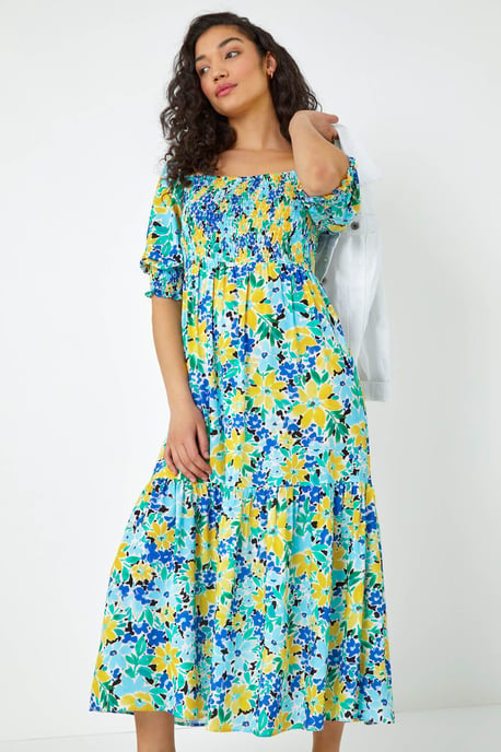 Floral Stretch Shirred Midi Dress