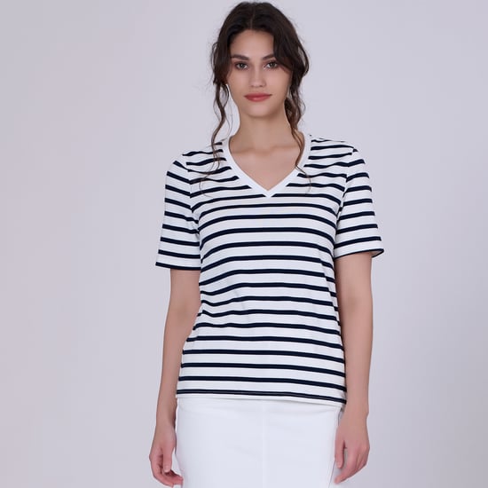 V neck stripes cotton T-shirt - Image 4