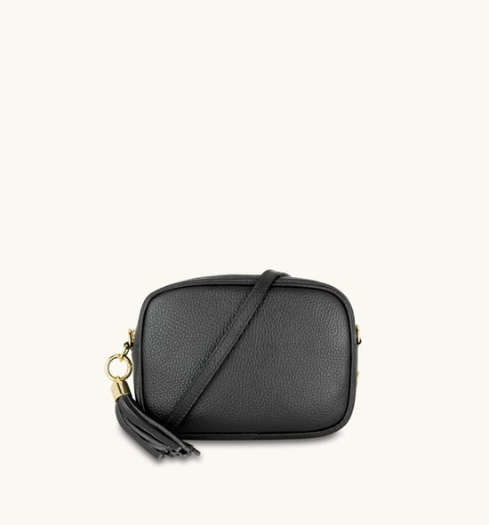 Black Leather Crossbody Bag With Port & Olive Diamond Strap