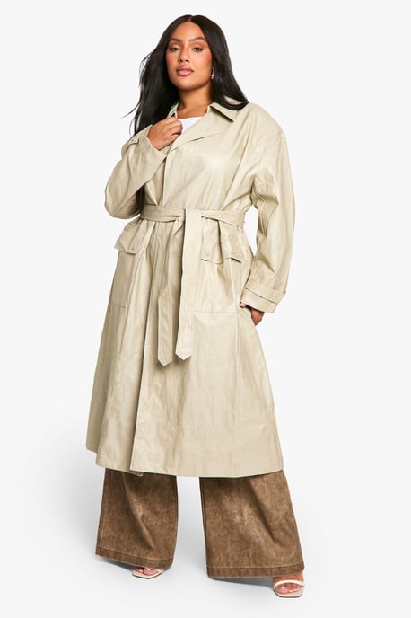 Plus Vintage Look Faux Leather Trench Coat - Image 1
