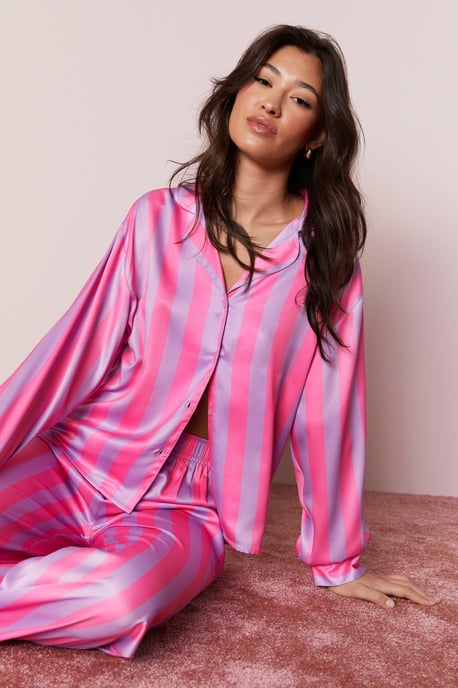 Satin Oversized Stripe Pajama Pants Set