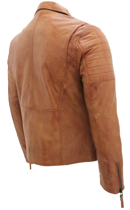 Brando-style slim-fit leather biker jacket with cross zipper