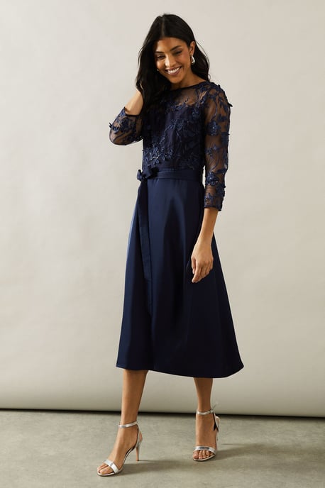 Satin And Mesh Overlay Fit And Flare Dress
