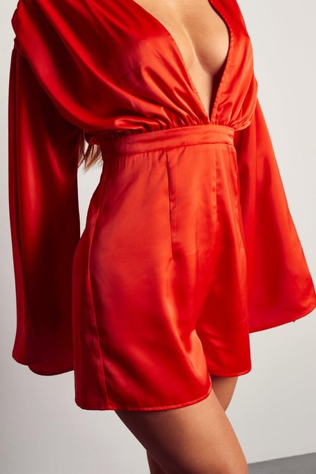 Ruched Shoulder Tie Back Satin Playsuit