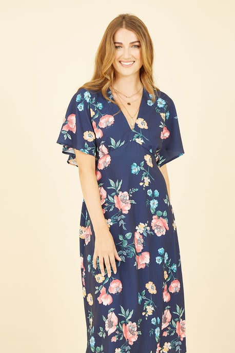 Navy Floral Kimono Midi Dress