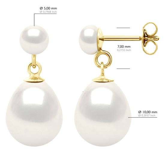 Double Earrings Yellow Gold - Real Cultured Freshwater Pearls Button 5-6 mm + Pear 10-11 mm - Image 2
