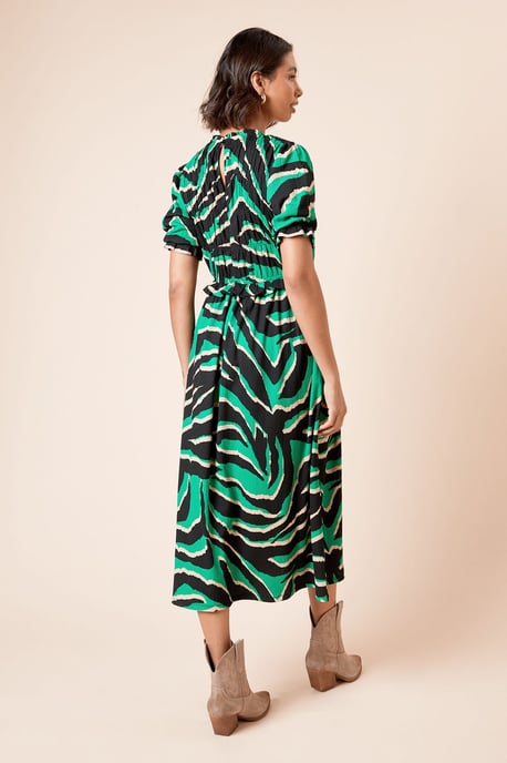 Puff Sleeve Zebra Shirred Bodice Peplum Midi Dress