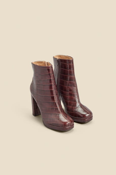 Chocolate Croc Leather Block Heel Platform Ankle Boot