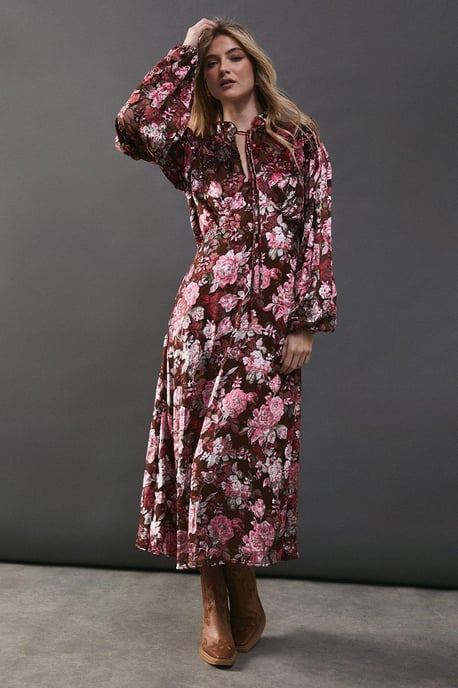 Burnout Floral Devore Frill Shoulder Tie Front Midi Dress - Image 1