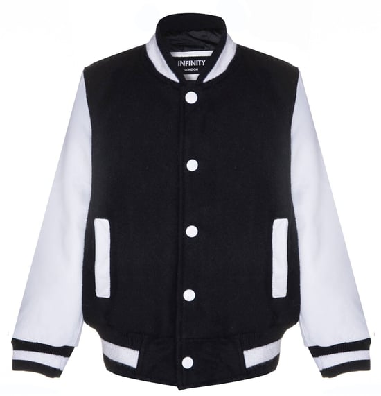 Chaqueta Bomber Universitaria Negra y Blanca para Niños con Mangas de Cuero Real de 3 a 13 años - Image 1