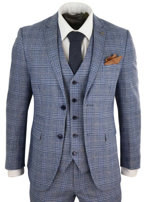 Traje retro vintage de tweed azul y gris de 3 piezas para hombre - Image 1