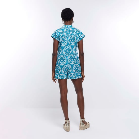River Island Womens Playsuit Blue Aztec Short Sleeve
