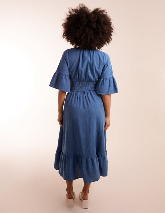 V Neck Shirred Midi Dress