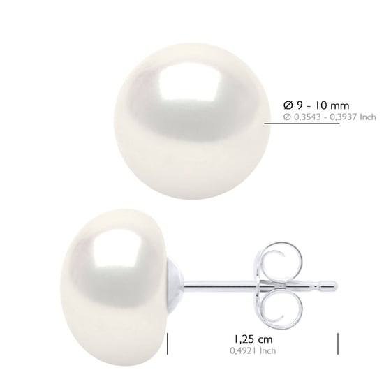 Earrings White Gold - Real Cultured Freshwater Pearls Button 9-10 mm - Image 2
