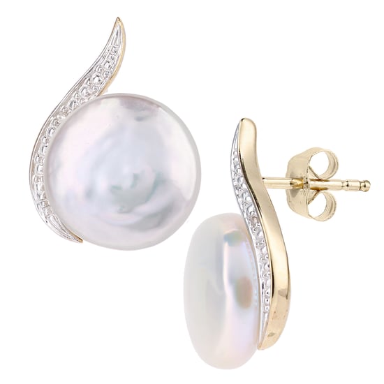 Pendientes de oro amarillo de 9 quilates, diamantes de 0,01 quilates y perlas cultivadas blancas - Image 2