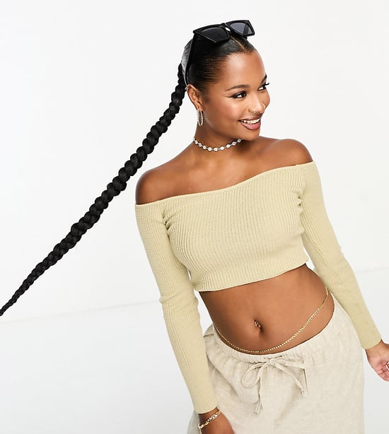 ASOS DESIGN Petite knitted off shoulder crop top in stone-Neutral - Image 1