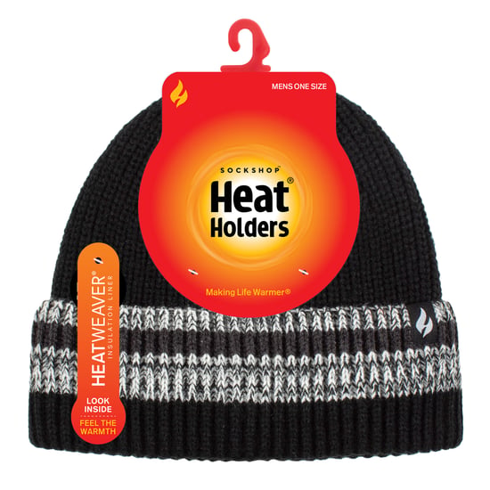 Gorro de invierno para hombre Turnover Cuff | Heat Holders | Gorro térmico de punto a rayas - Negro - Image 2