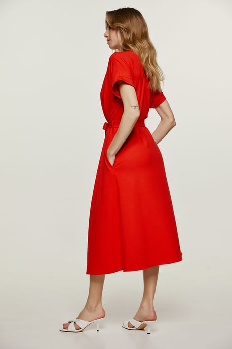 Red Jersey Belted Midi Dress