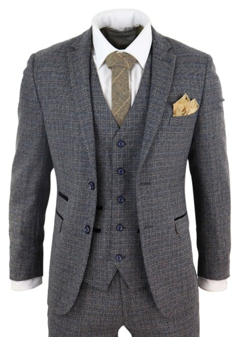 Traje retro vintage de tweed a cuadros azul marino de 3 piezas para hombre - Image 1