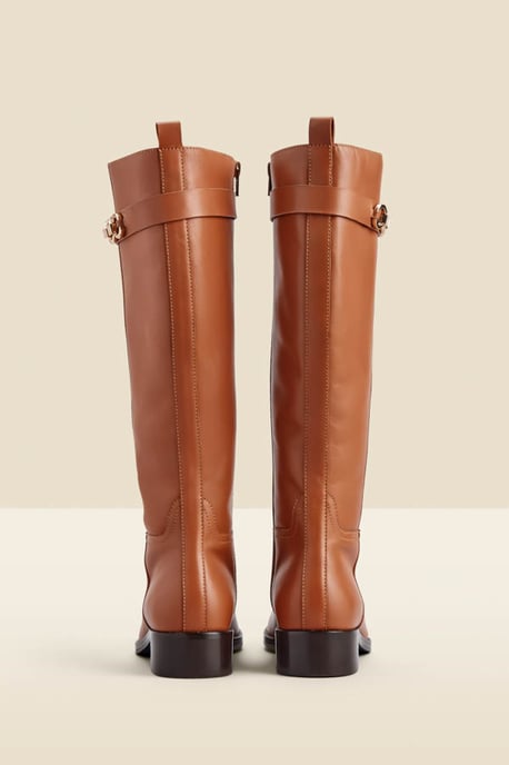Tan Leather Flat Knee High Boot With Metal Trim