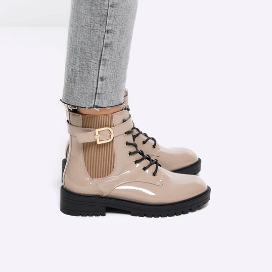 River Island Womens Boots Beige Wide Fit Patent Buckle