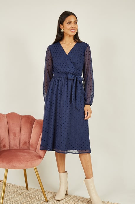 Navy Dobby Spot Long Sleeve Wrap Over Midi Dress