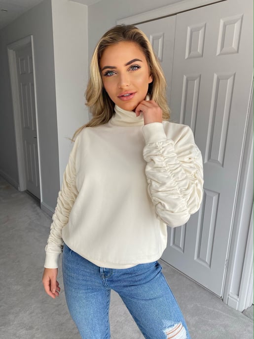 Cream Ruche Sleeve Sweat
