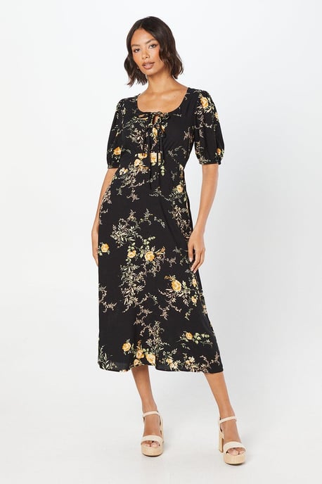 Floral Double Tie Front Midi Dress