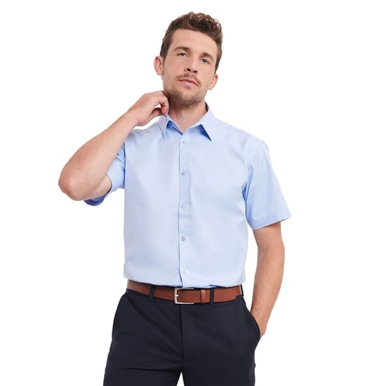 Russell Collection Mens Herringbone Tailored Short-Sleeved Shirt (Light Blue) - Image 2