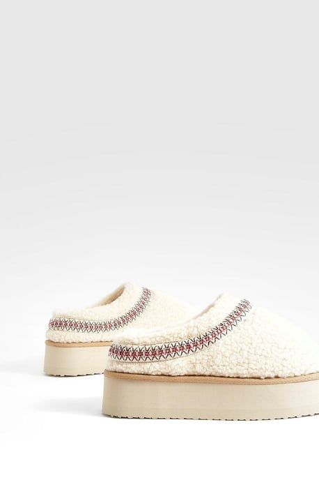Borg Embroidered Platform Cosy Mules