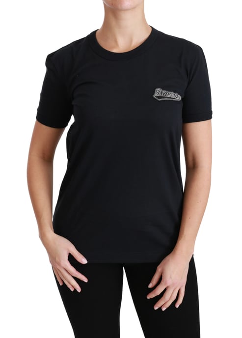 Dolce & Gabbana Camiseta de algodón de cuello redondo con parche Amore azul para mujer - Image 1
